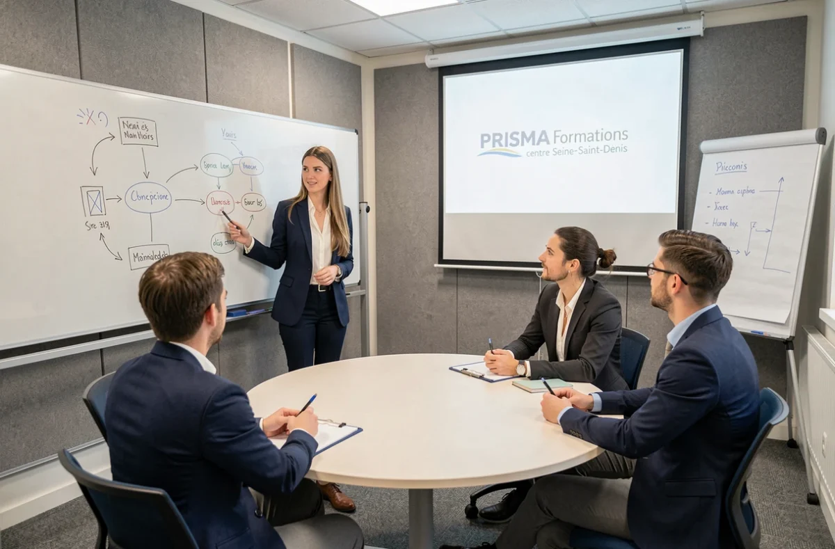 Stagiaire présentant un projet devant un groupe de pairs lors d'une formation chez PRISMA Formations en Seine-Saint-Denis