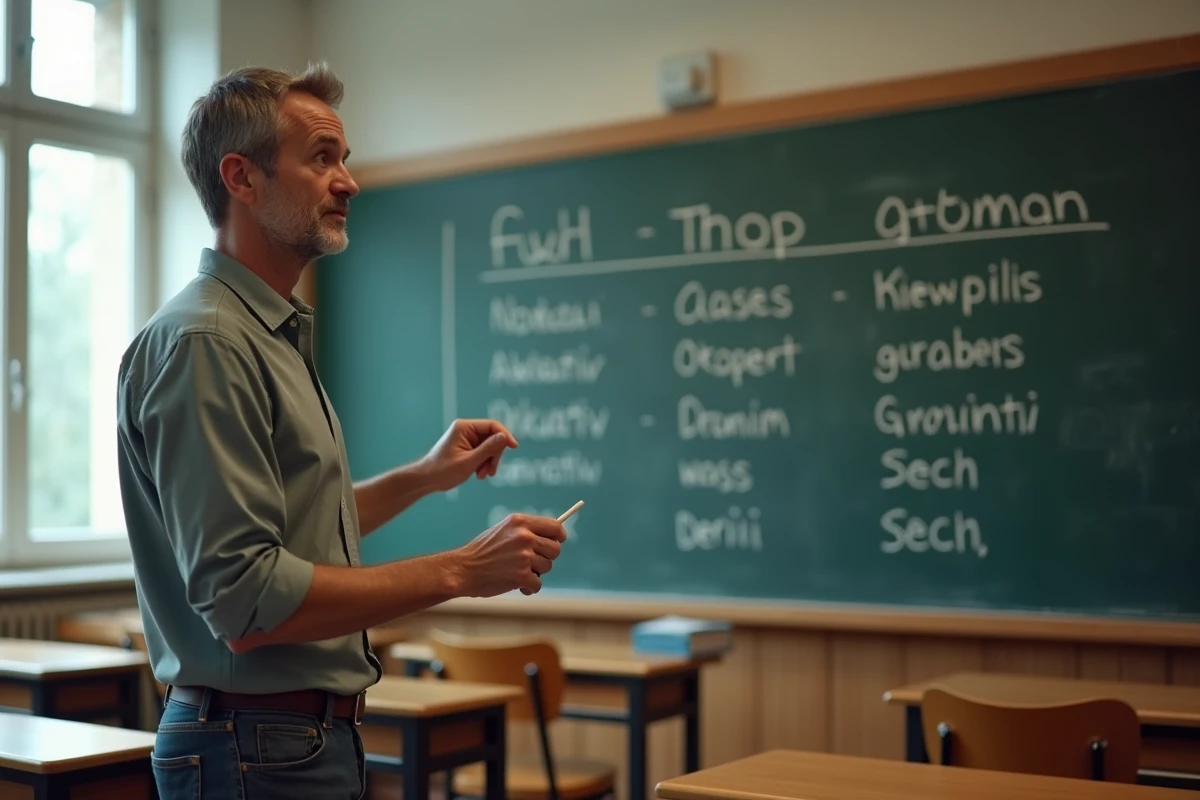 Professeur d'allemand expliquant les quatre cas de la déclinaison devant un tableau noir en classe