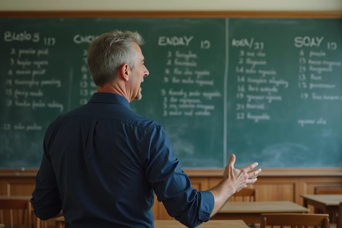 Professeur d'espagnol expliquant les conjugaisons de ir et ser au passé simple devant un tableau noir en salle de classe