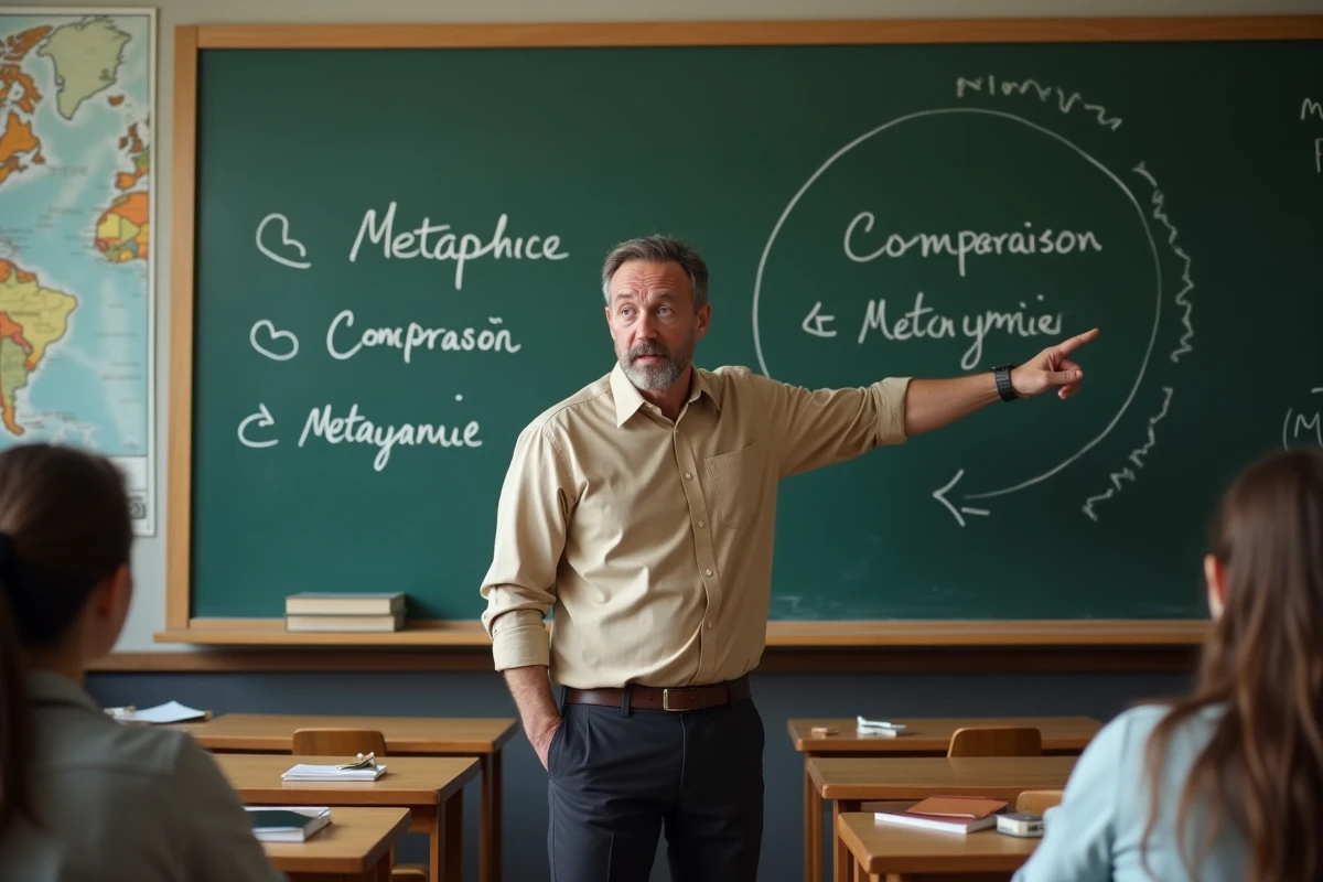 Professeur de français expliquant les figures de style au tableau devant ses élèves de lycée