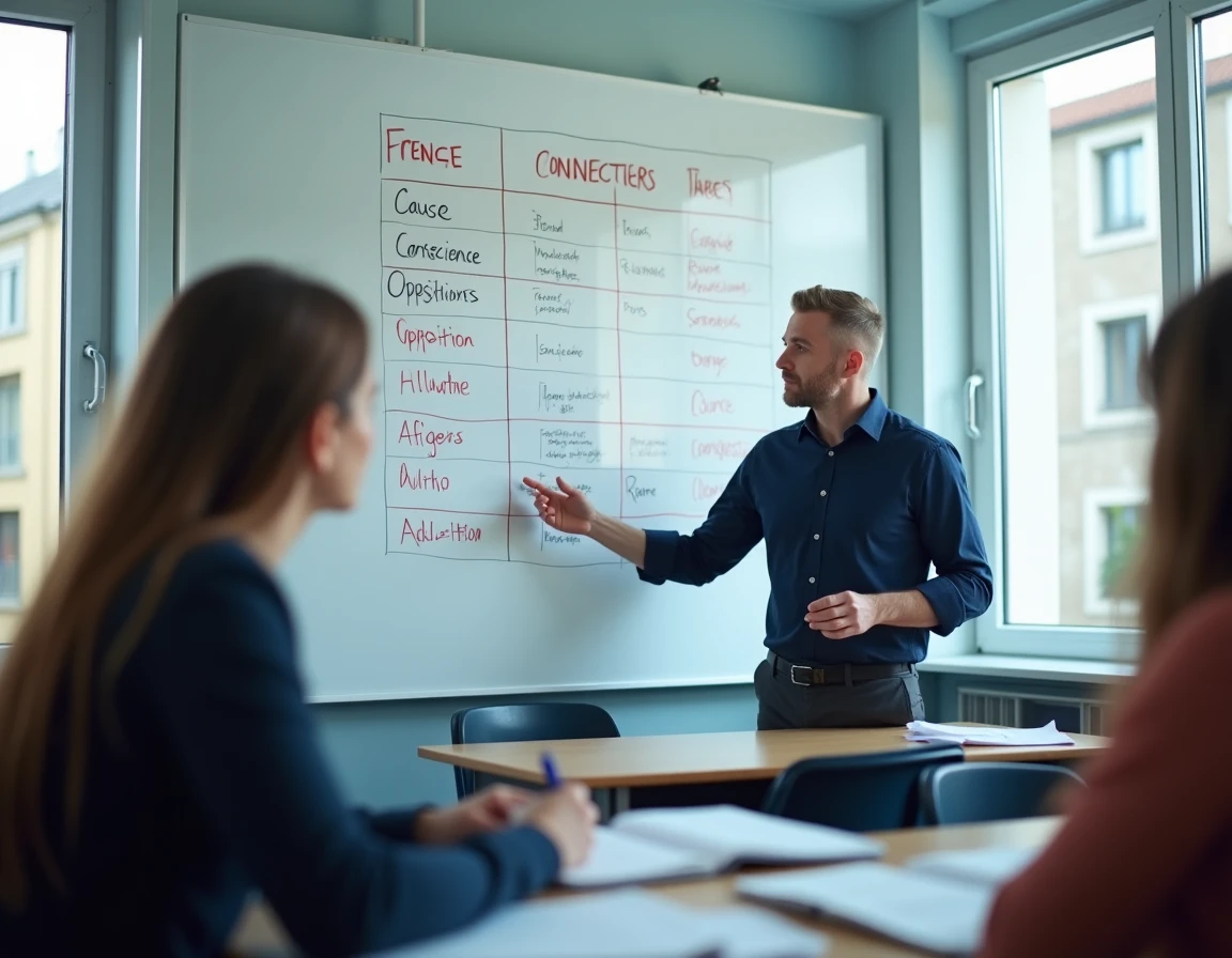 Professeur présentant un tableau récapitulatif des connecteurs en français devant un tableau blanc dans une salle de classe moderne