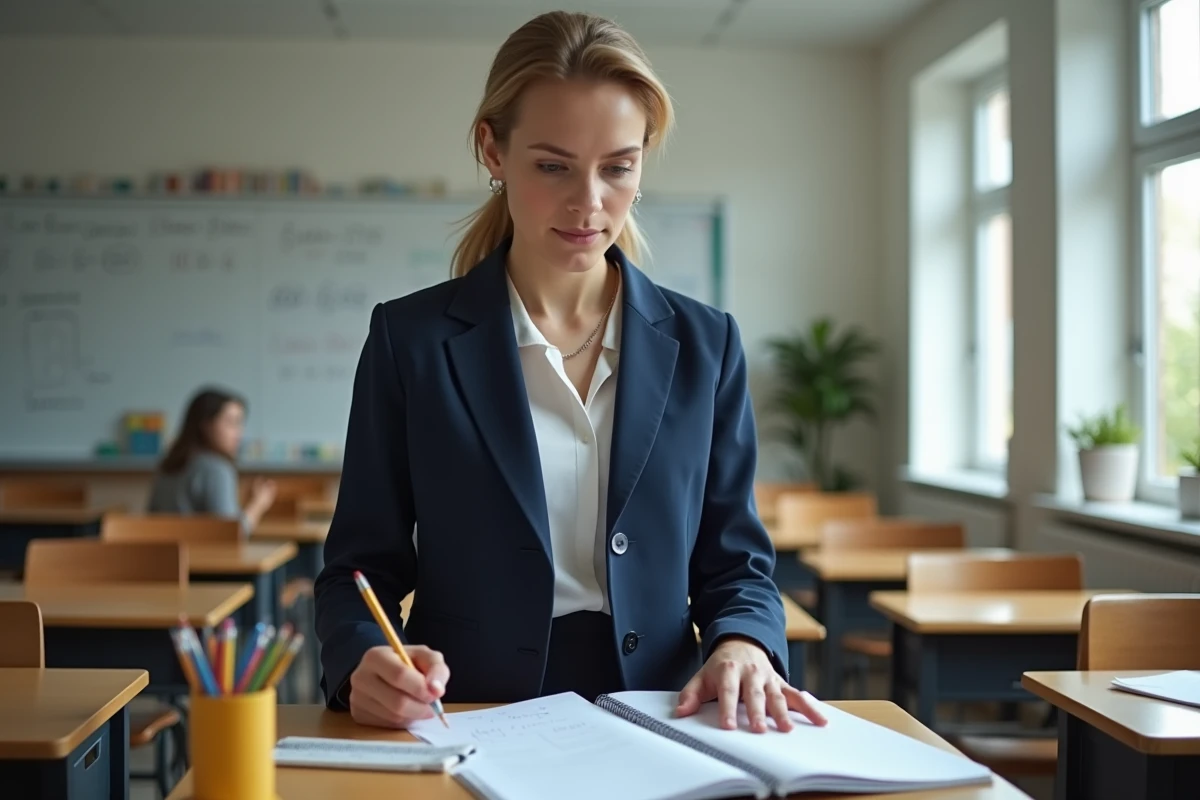 Professeure dans une salle de classe française tenant des documents, illustrant la revalorisation salariale des enseignants en 2026