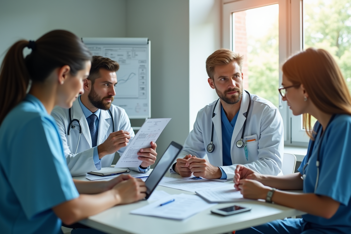 Professionnels de santé en réunion dans une salle lumineuse