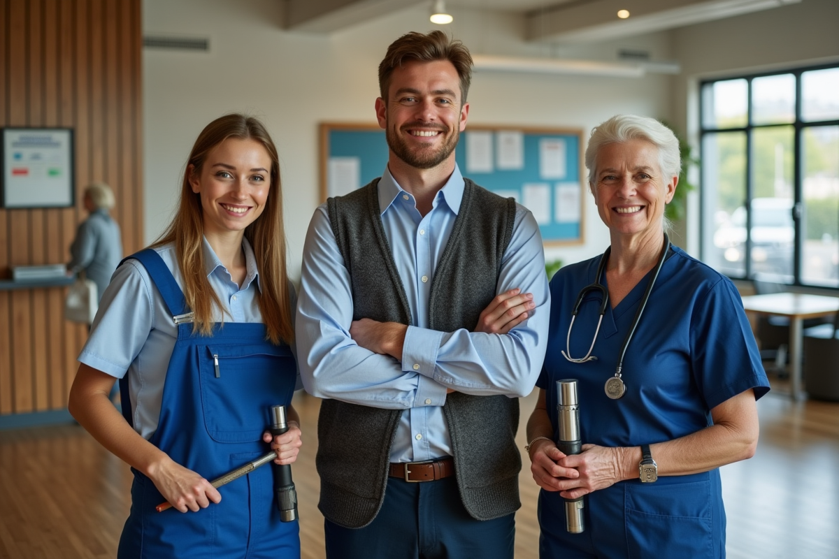 Trois professionnels souriants dans un centre communautaire