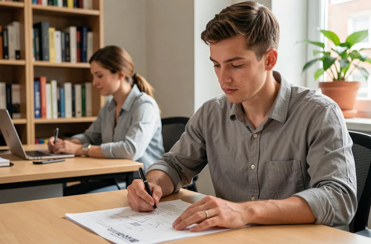 Un stagiaire au profil réservé travaille de façon méthodique et concentrée, illustrant la valorisation des compétences transversales discrètes