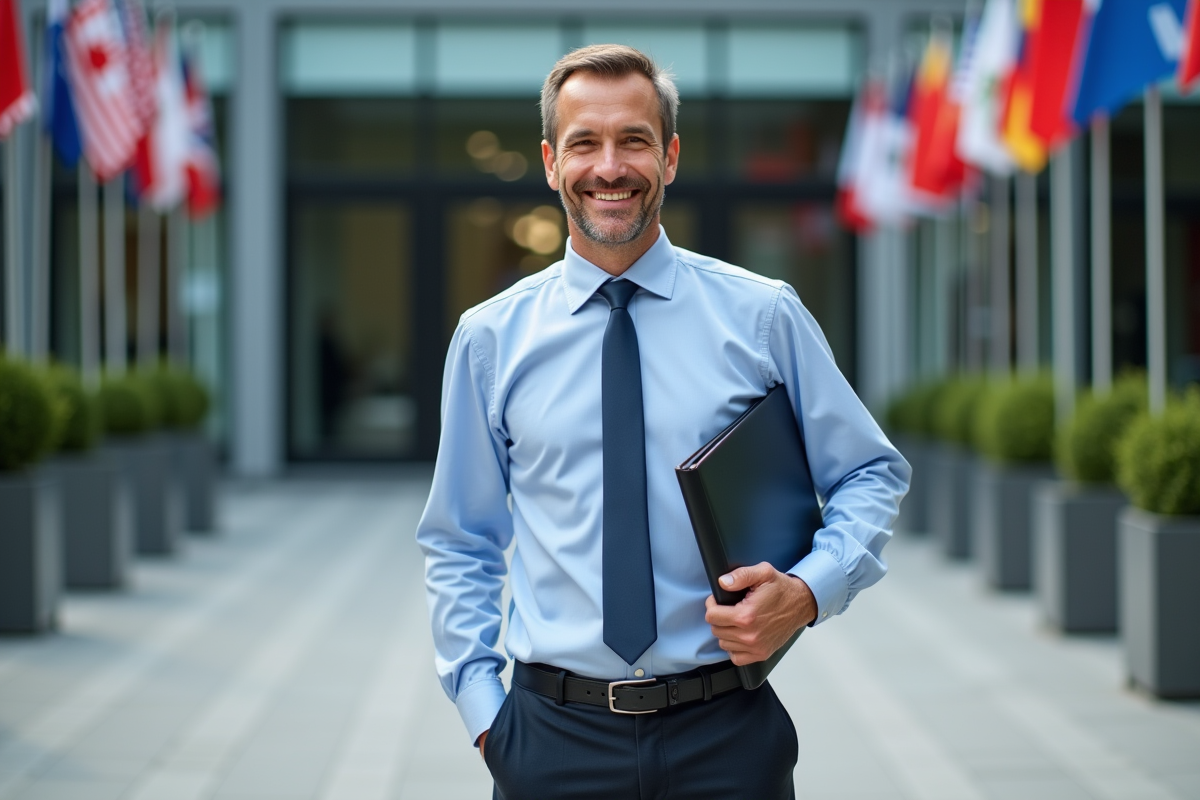 Psychologue homme souriant devant une clinique urbaine