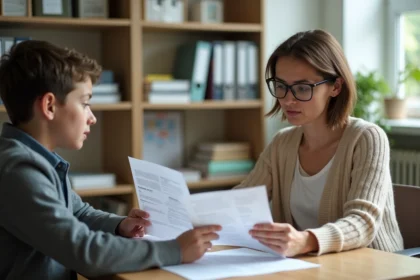 Psychologue scolaire et élève adolescent consultant un document PPS lors d'un entretien d'orientation scolaire en bureau