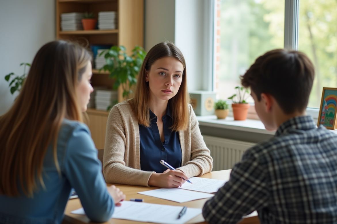 Jeune psychologue scolaire explique papiers à une mère et son enfant