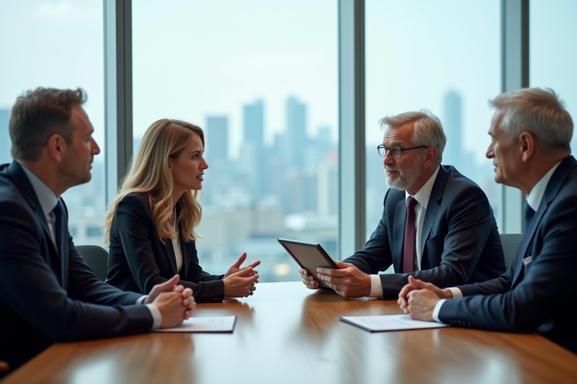 Quatre dirigeants en réunion dans une salle moderne