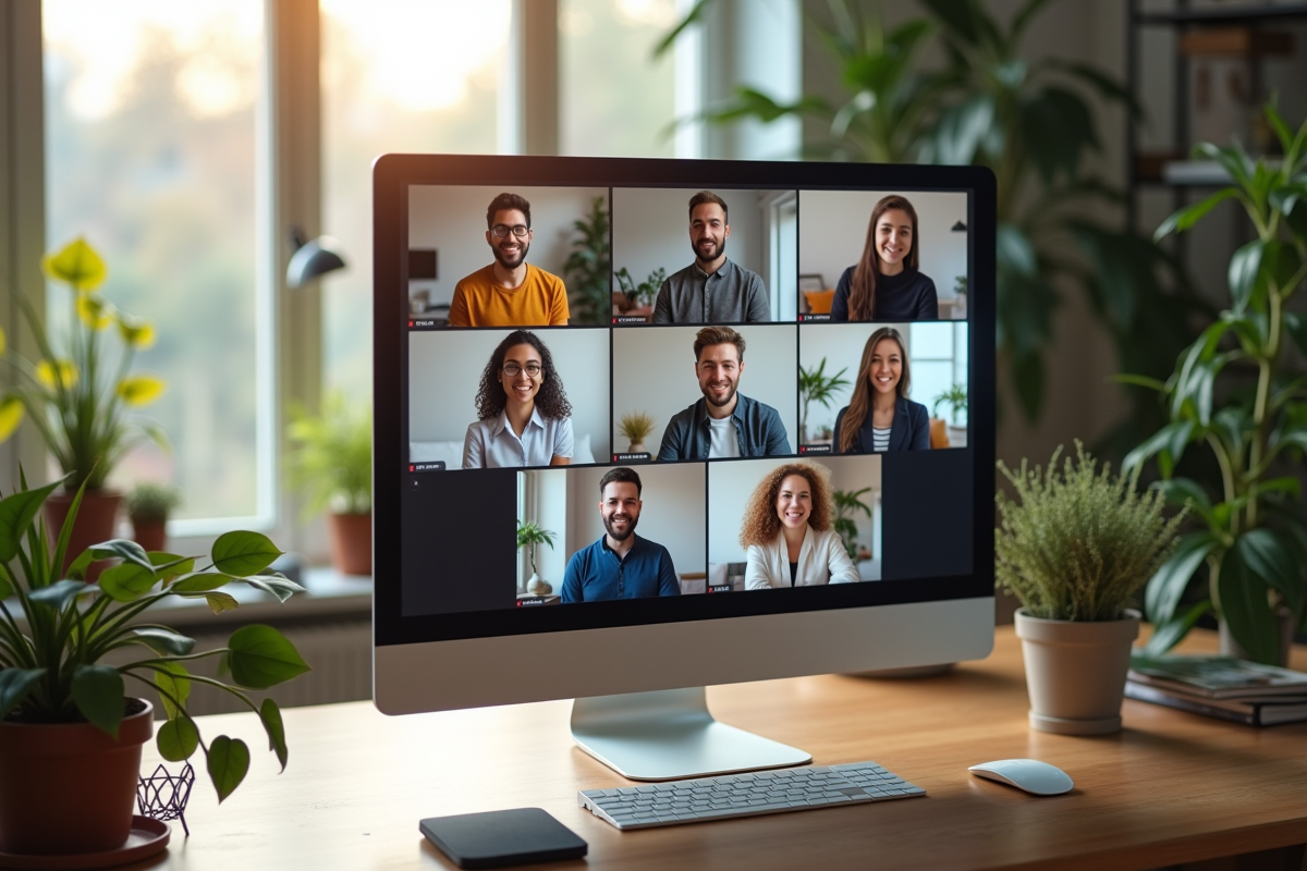 Groupe diversifié de travailleurs en visioconference dans un espace lumineux
