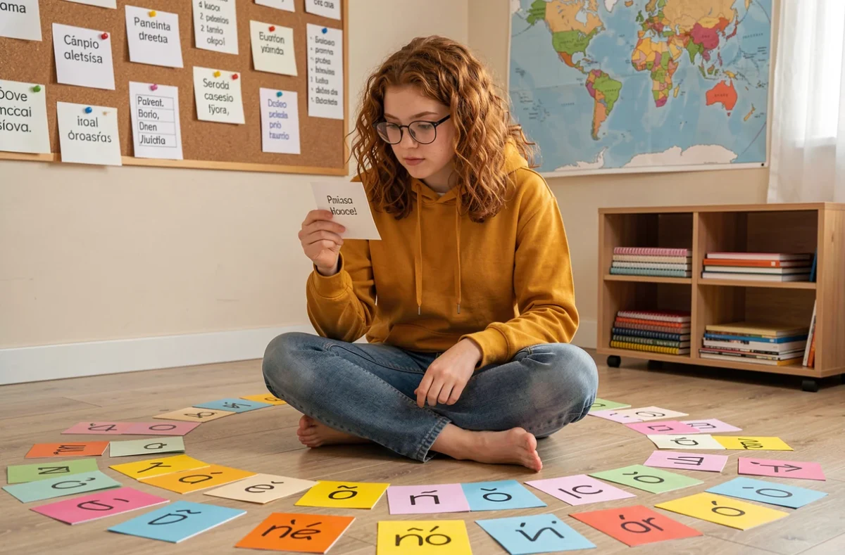 Adolescente révisant les accents espagnols avec des flashcards colorées dans sa chambre