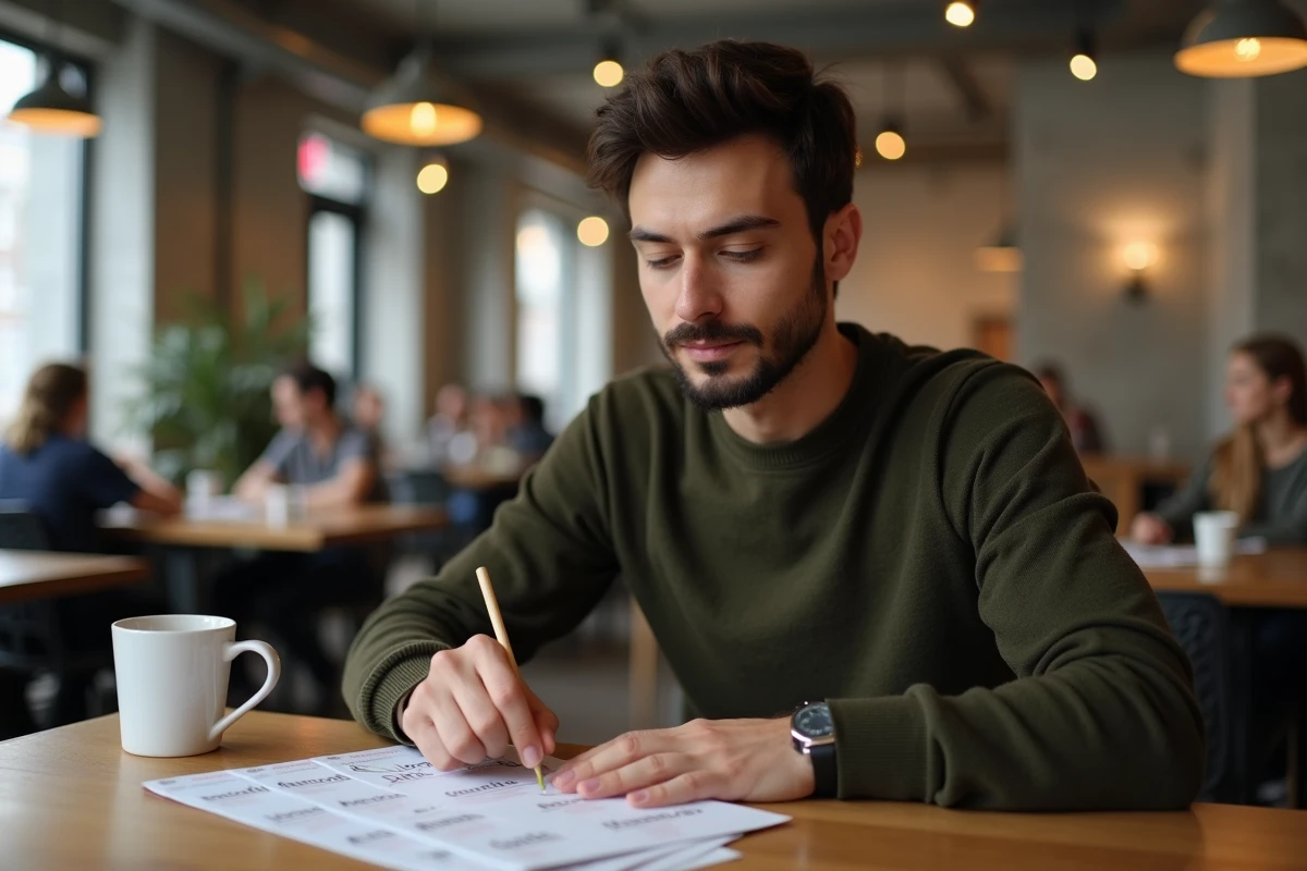 Homme révisant des fiches de conjugaison espagnole dans un café urbain moderne