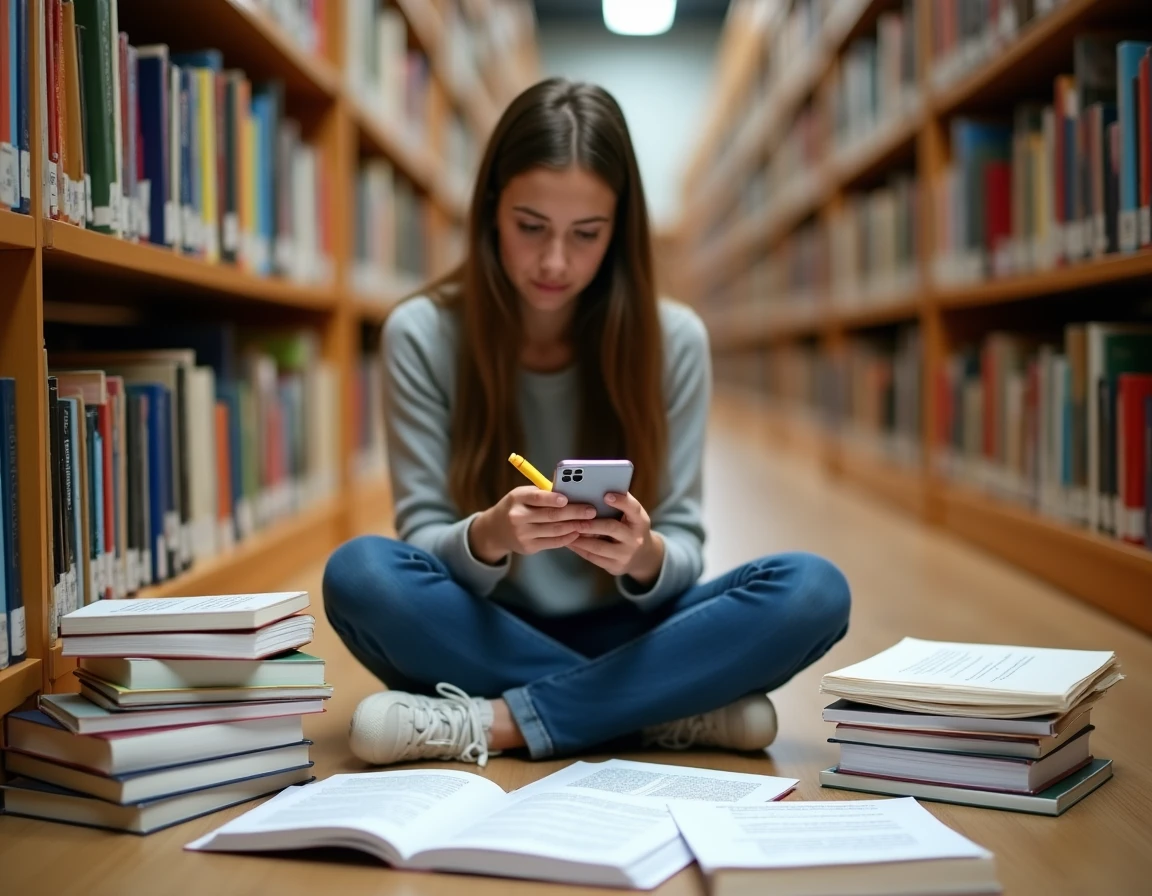 Adolescente révisant un tableau de connecteurs français dans une bibliothèque entourée de livres de grammaire et de fiches imprimées