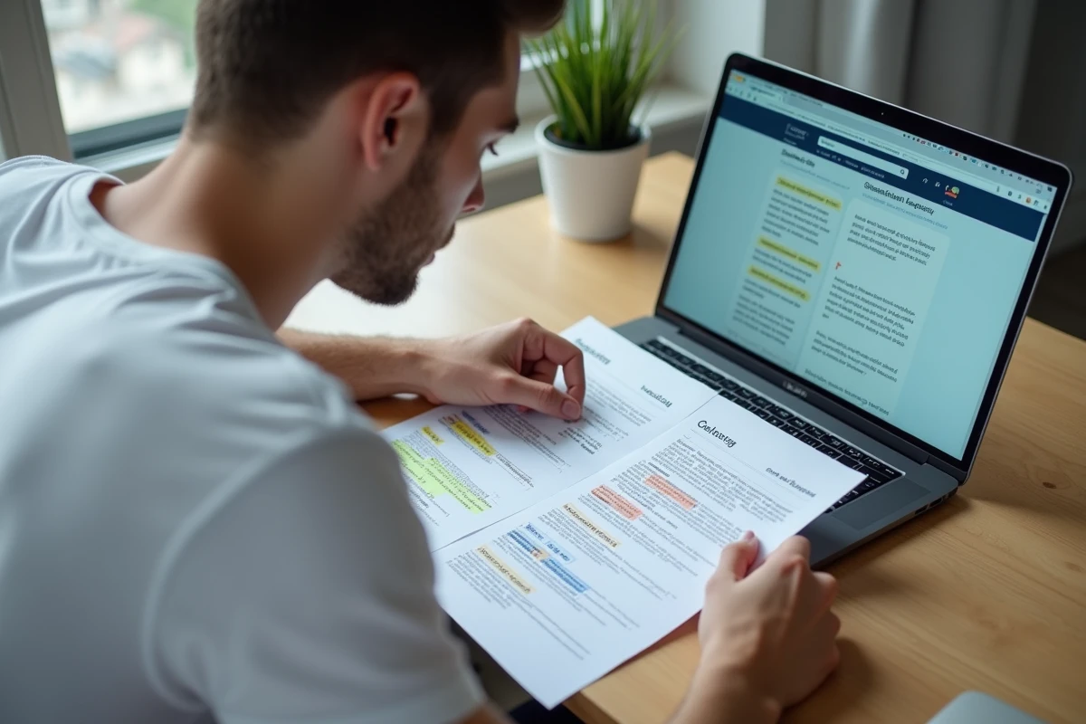 Homme révisant les déclinaisons allemandes sur des fiches annotées dans un bureau à domicile moderne