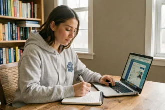 Jeune femme révisant le TOEIC en ligne sur un ordinateur portable avec prise de notes manuscrites dans un bureau à domicile
