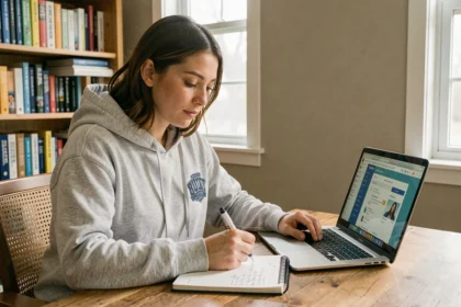 Jeune femme révisant le TOEIC en ligne sur un ordinateur portable avec prise de notes manuscrites dans un bureau à domicile