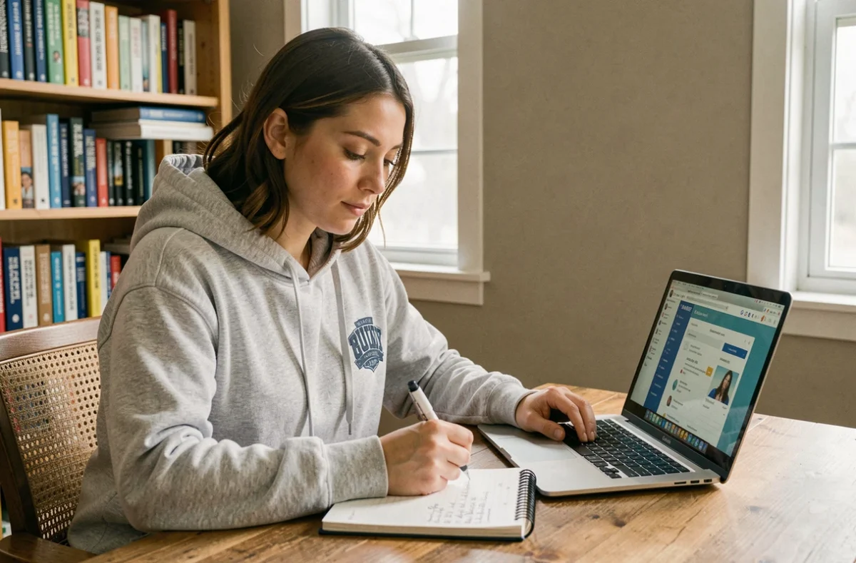 Jeune femme révisant le TOEIC en ligne sur un ordinateur portable avec prise de notes manuscrites dans un bureau à domicile
