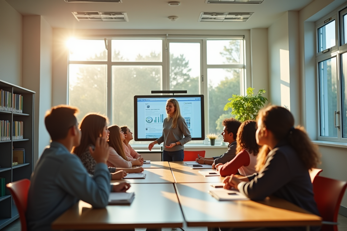 Salle de classe moderne avec tableau interactif et élèves engagés