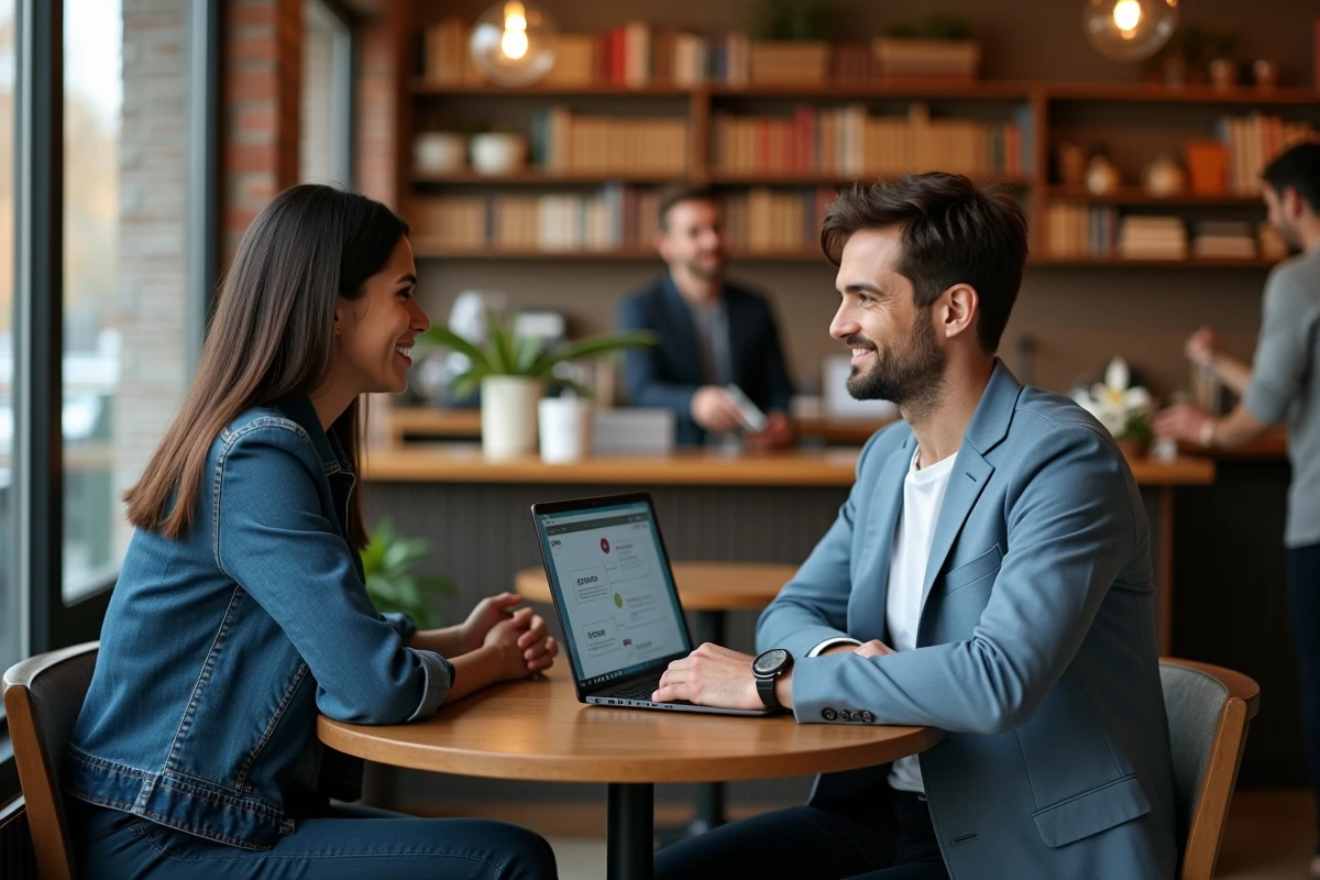 Séance de mentorat entre deux professionnels autour d'un ordinateur portable dans un café chaleureux