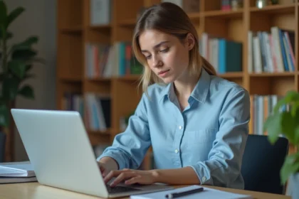 Étudiante configurant les paramètres de sécurité de sa boite mail académique Aix Marseille sur un ordinateur portable dans un bureau universitaire