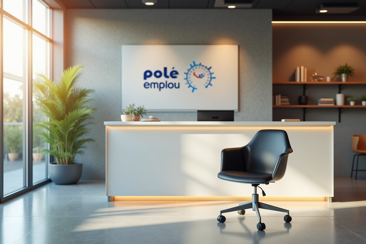 Chaise vide devant un comptoir Pôle Emploi en intérieur lumineux