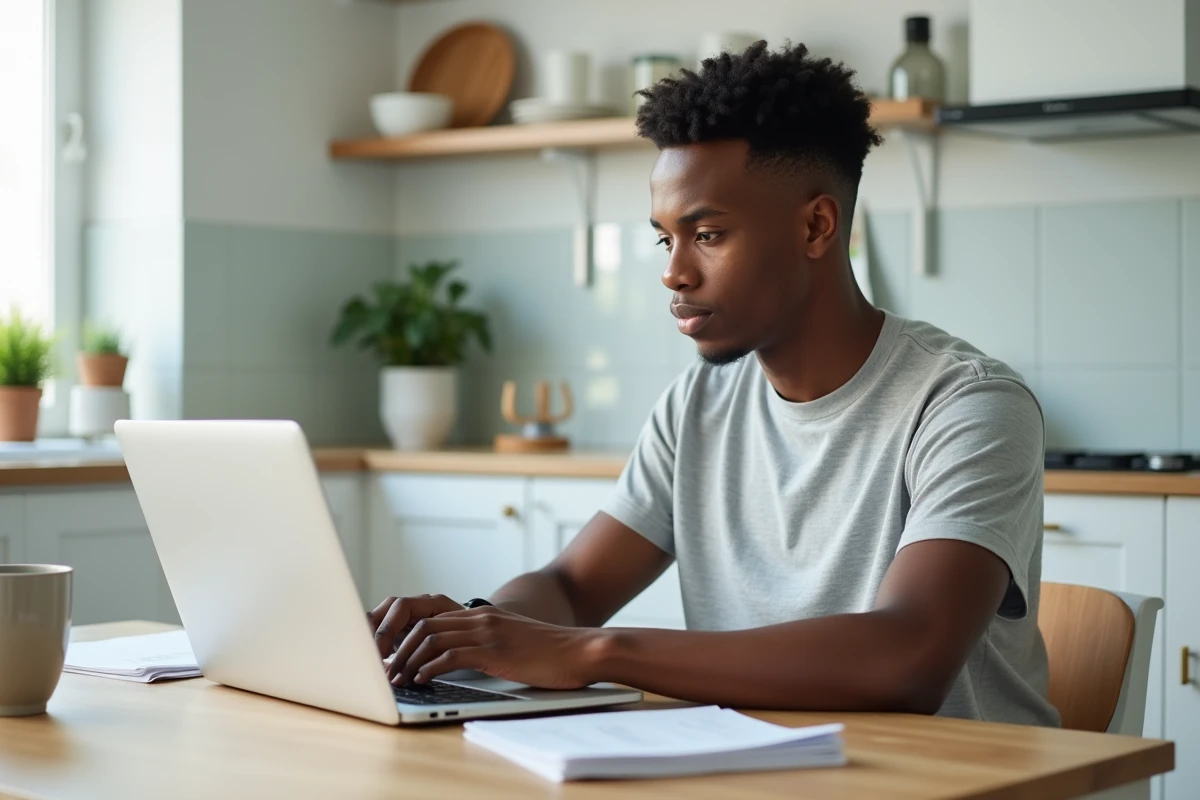 Personne téléchargeant des modèles de documents Pôle emploi sur un ordinateur portable dans une cuisine
