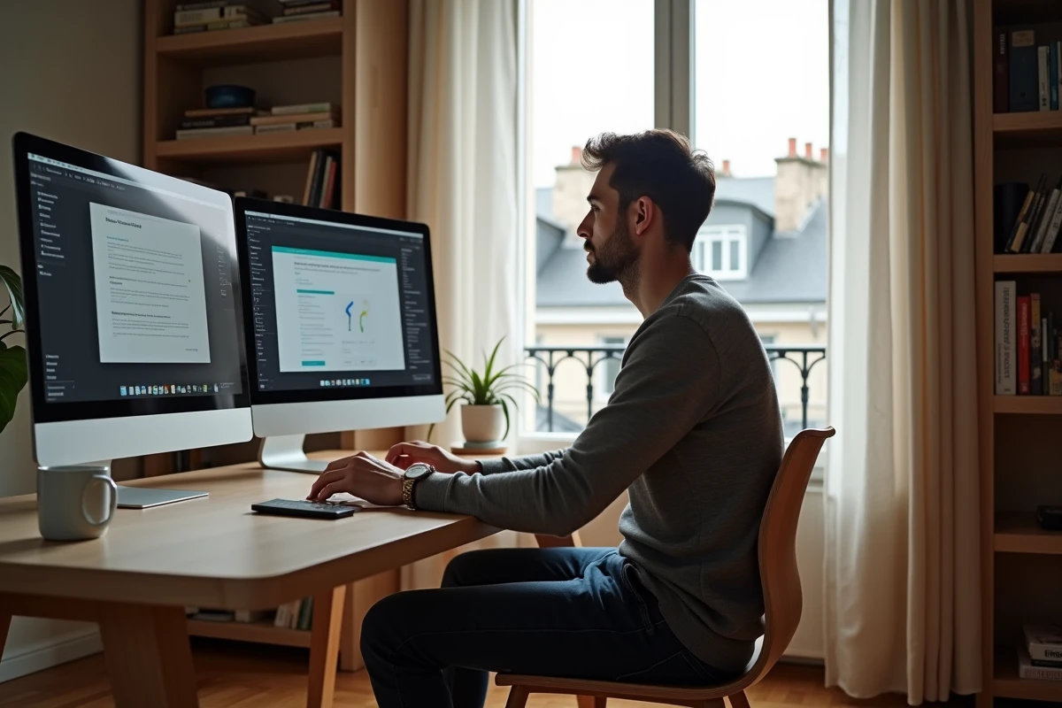 Homme en télétravail suivant un cours de transition numérique en ligne depuis son appartement parisien