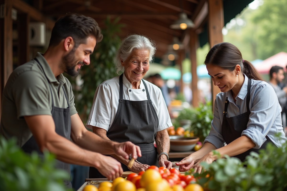 Trois travailleurs actifs dans un marché en plein air