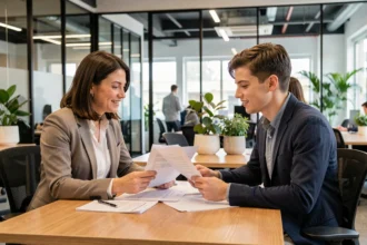 Un tuteur de stage et un stagiaire examinent ensemble des documents dans un bureau moderne, illustrant l'évaluation et l'appréciation de stage