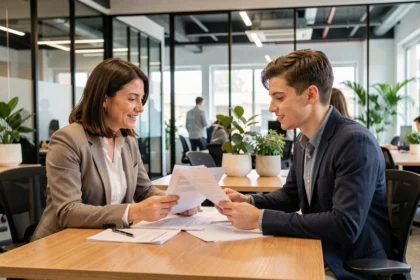 Un tuteur de stage et un stagiaire examinent ensemble des documents dans un bureau moderne, illustrant l'évaluation et l'appréciation de stage
