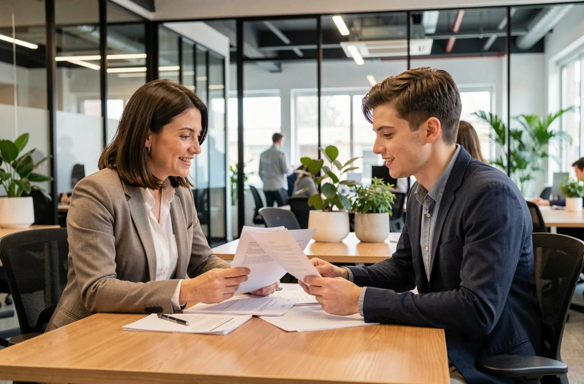 Un tuteur de stage et un stagiaire examinent ensemble des documents dans un bureau moderne, illustrant l'évaluation et l'appréciation de stage